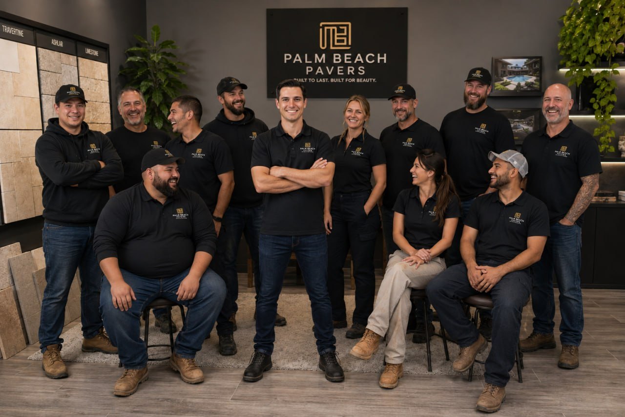 The Perfect Pavers team in their South Florida showroom, with natural stone samples on the wall